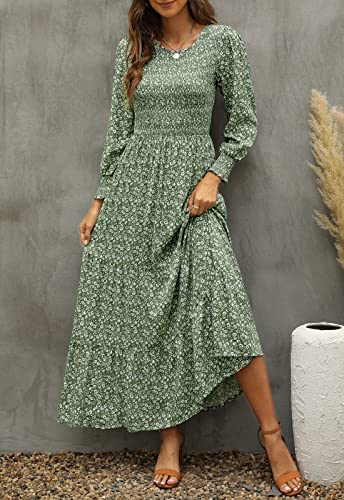 Long Sleeve Smocked Floral A-Line Wedding Guest Maxi