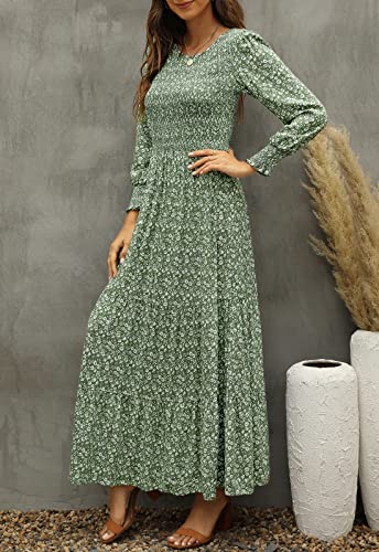 Long Sleeve Smocked Floral A-Line Wedding Guest Maxi
