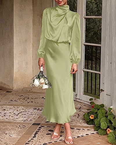 Tender Green Satin Mock Neck Maxi