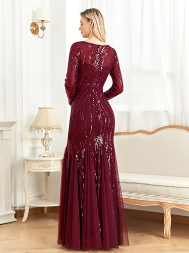 Burgundy Long Sleeve Evening Gown