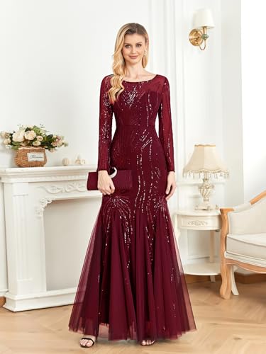 Burgundy Long Sleeve Evening Gown
