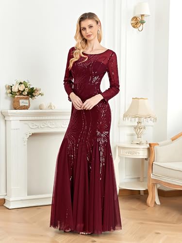 Burgundy Long Sleeve Evening Gown