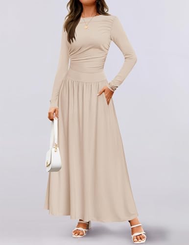 Long Sleeve Pleated Knit Crew Neck Maxi